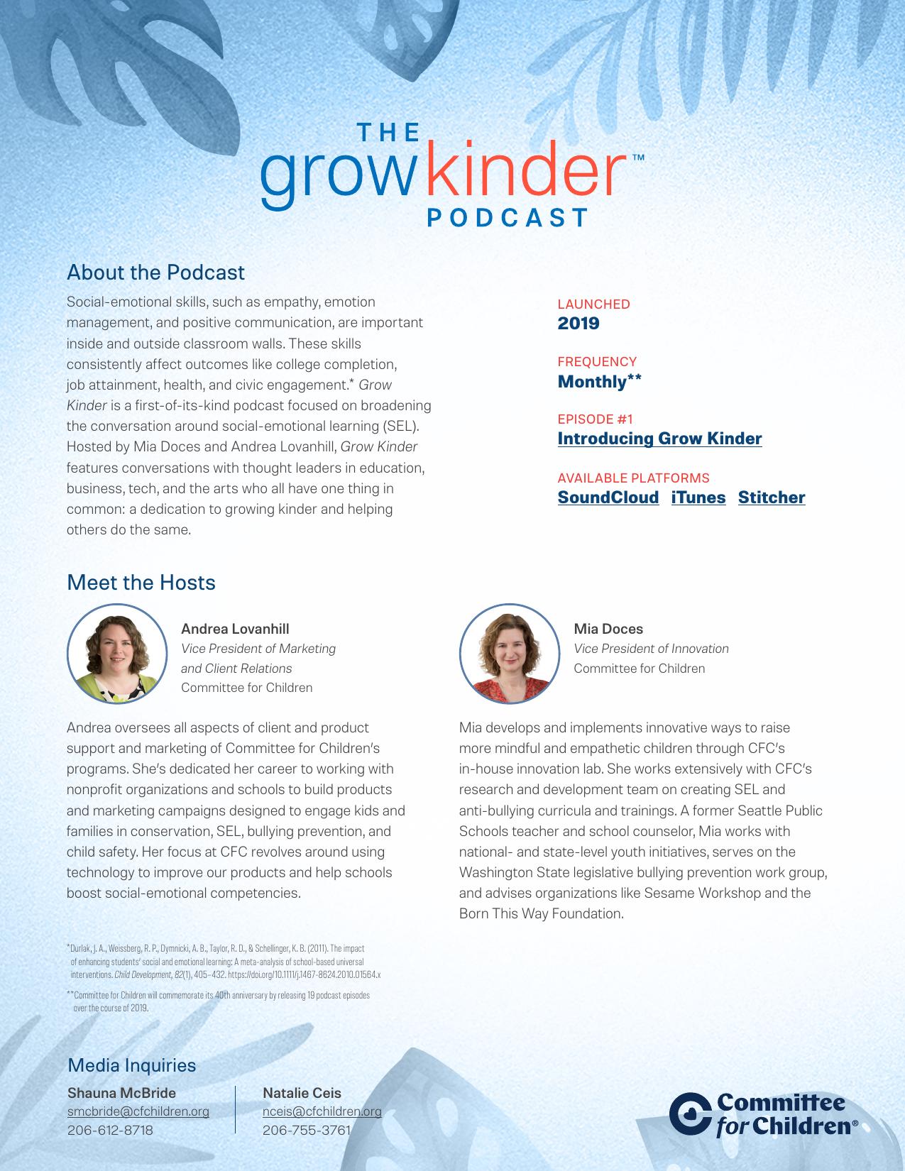 Grow Kinder Podcast media kit one-sheet introducing the show, hosts Andrea Lovanhill and Mia Doces, launch details, available platforms, and media contacts